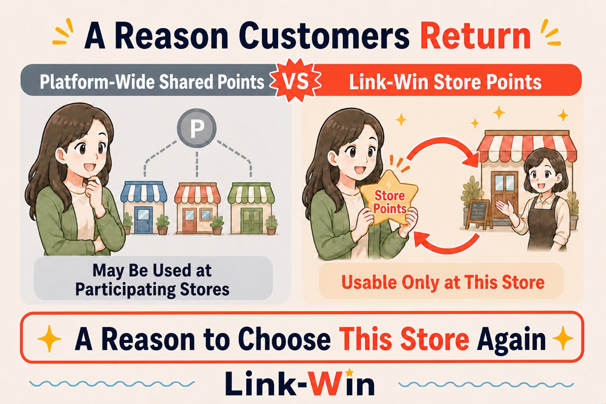 A comparison between platform-wide points that may be usable at participating stores and Link-Win store points usable only at one store.