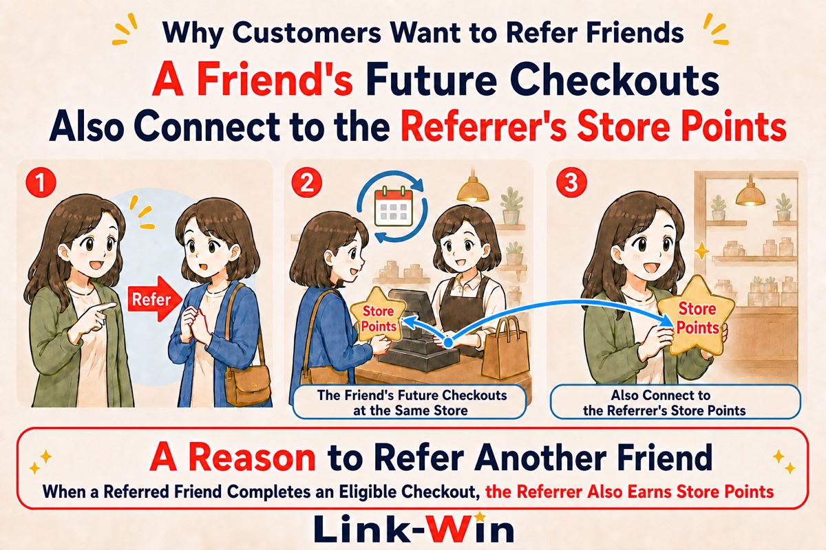 A flow showing how a referred friend’s future eligible checkouts also connect to the direct referrer’s store points.
