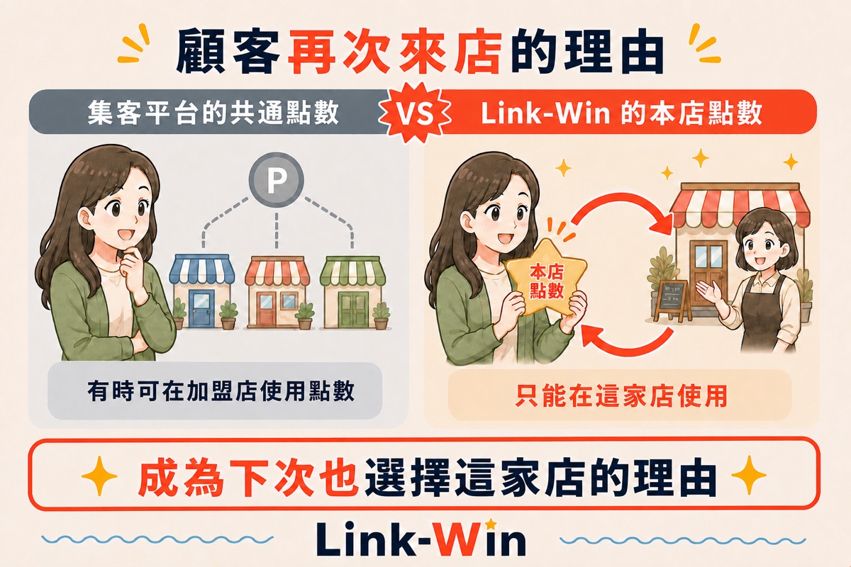 比較有時可在加盟店使用的共通點數，以及只能在同一家店使用的 Link-Win 本店點數。
